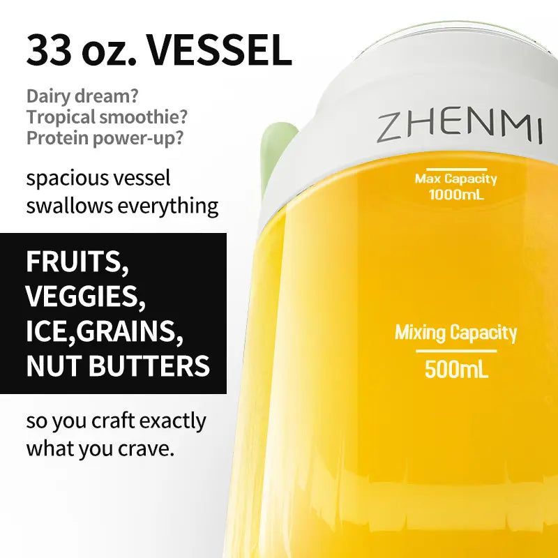 ZHENMI Cordless Blender – 33oz Smoothie & Shake Maker